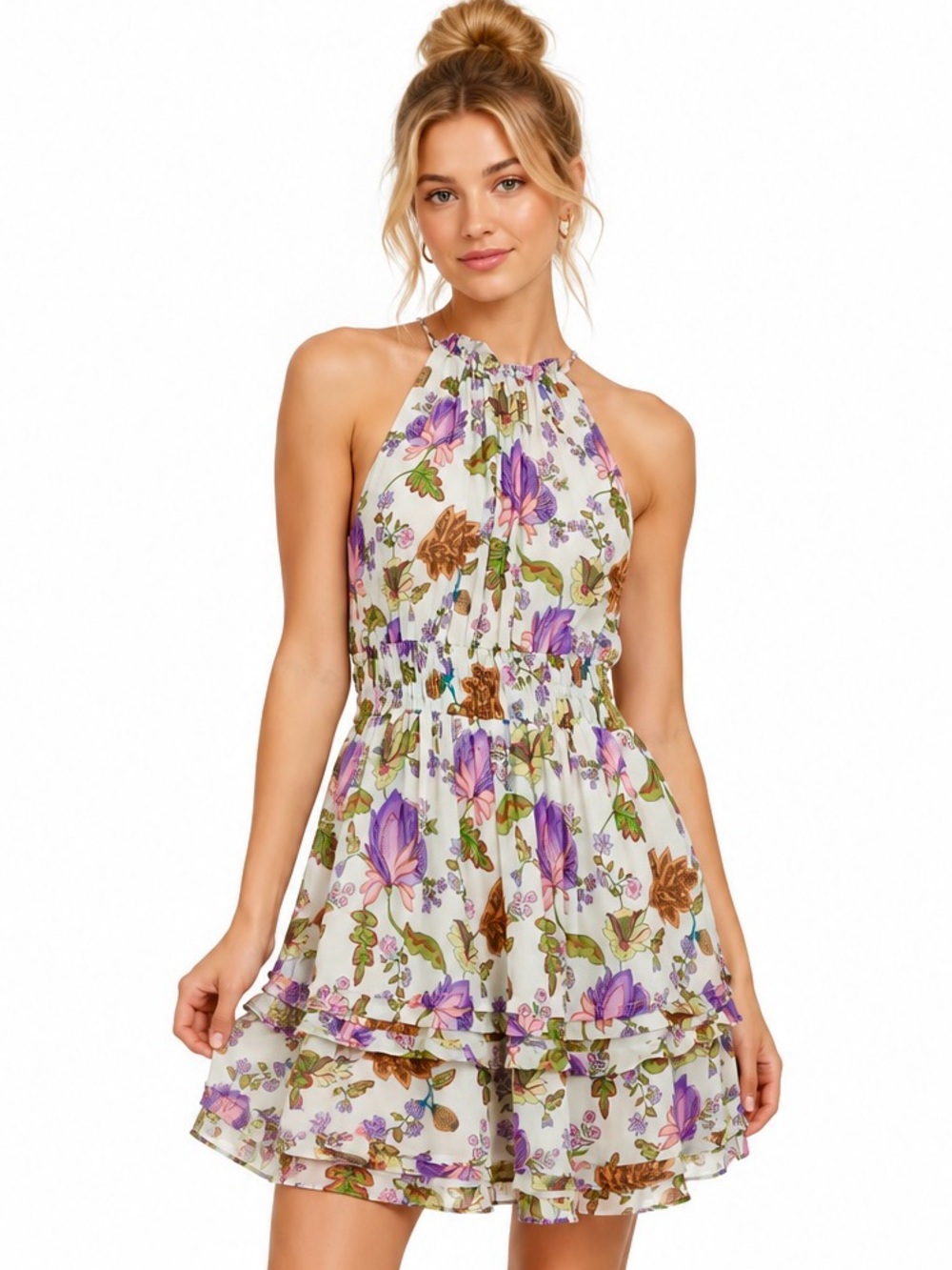 Anthropologie Somerset Floral Tie Halter Smocked Tiered Mini Dress M